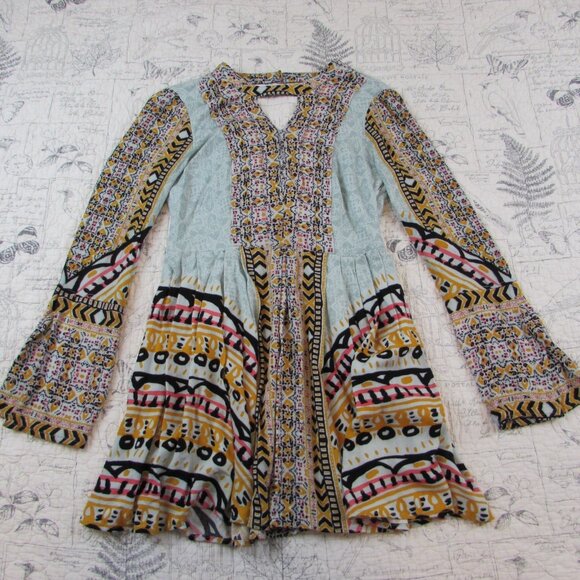 Free People Dress Womens Blue green Tegan Border Print Bell Slv Boho Mini size 2 - Picture 4 of 10